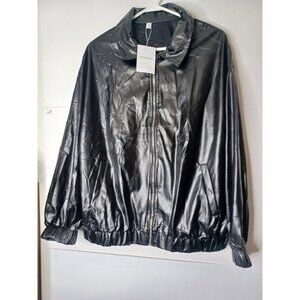 PITINAN Pleather Jacket Women Faux Leather Shacket Casual Long Sleeve Zip Up XL
